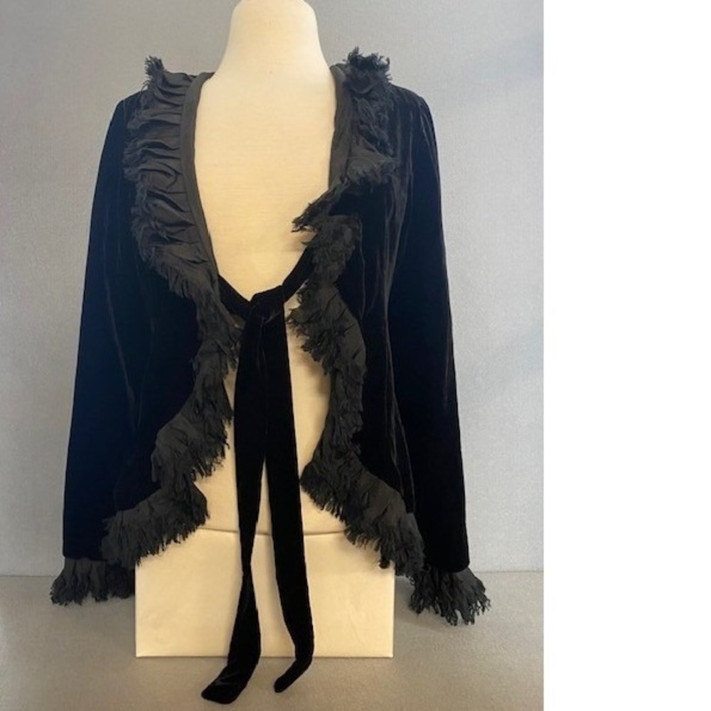 Holly in Hanoi Womens M Black Velvet Ruffle Tie‎ Front Jacket OOP